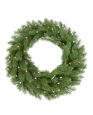 La couronne d'épicéa artificiel avec lumière LED 60 cm est une couronne de pin vert avec de petites lumières LED blanc chaud, conçues dans une forme ronde sur un fond blanc uni.