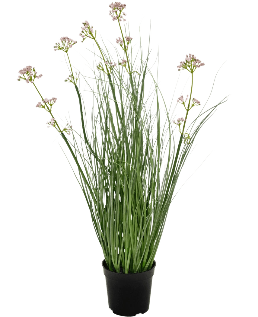 Le gazon artificiel poireau fleur oignon herbe bonsaï 61 cm ignifuge a de longues feuilles vertes fines et de longues tiges avec de petites grappes de fleurs violet clair, présentées dans un pot sur un fond blanc uni.