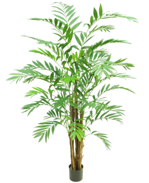 La Plante Artificielle Hawaii Parlour 180 cm est un grand palmier d'intérieur en pot avec plusieurs troncs bruns élancés et de longues feuilles vertes courbées, sur un fond blanc uni.