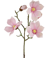 Le Magnolia Artificiel Real Touch Rose 72 cm présente plusieurs fleurs et bourgeons de magnolia rose clair avec un cœur jaune sur des tiges vertes, sur un fond blanc uni.