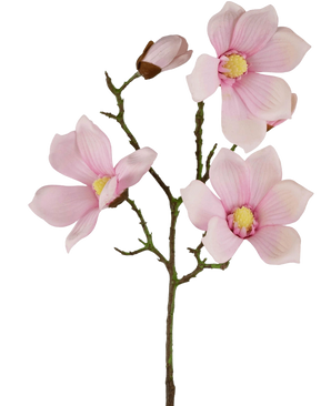 Le Magnolia Artificiel Real Touch Rose 72 cm présente plusieurs fleurs et bourgeons de magnolia rose clair avec un cœur jaune sur des tiges vertes, sur un fond blanc uni.