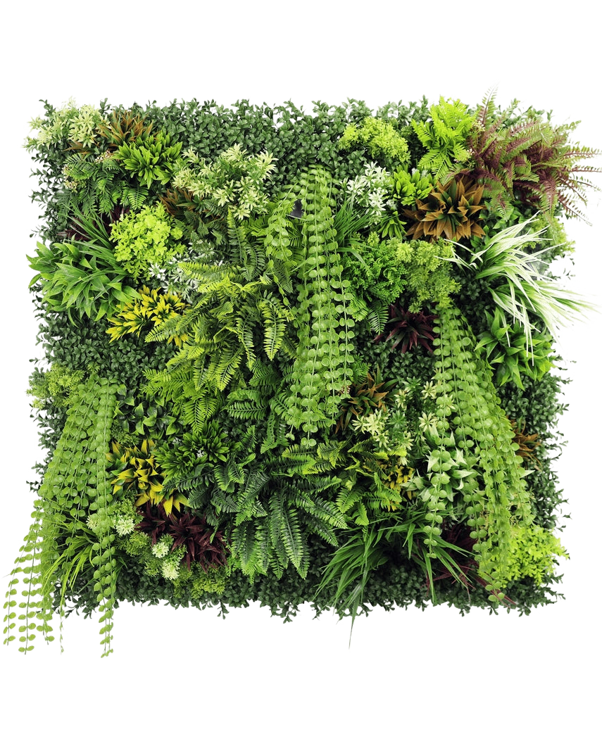 La haie artificielle Lush Deco Deluxe 100x100 cm UV est un panneau de jardin vertical carré présentant une verdure dense et texturée avec un mélange de plantes à feuillage, de fougères et de graminées - parfait pour créer un affichage naturel vibrant sur un fond blanc.
