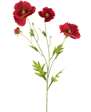Le Pavot Artificiel Real Touch Rouge 65 cm a une seule tige avec trois coquelicots rouges vifs et des feuilles vertes, magnifiquement présentées sur un fond blanc uni.