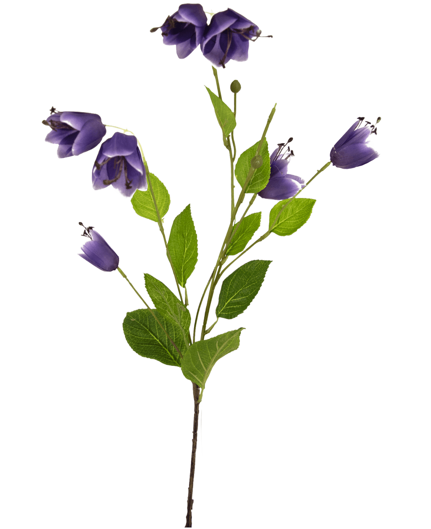 La fleur artificielle Fritillary 81 cm violette a une tige unique avec plusieurs feuilles vertes et des fleurs violettes en forme de cloche, représentées sur un fond blanc.
