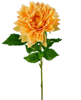 Le Kunst Georgine Real Touch jaune 70 cm possède un seul dahlia jaune avec des pétales superposés et des feuilles vertes sur une longue tige, isolé sur un fond blanc.
