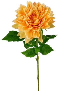 Le Kunst Georgine Real Touch jaune 70 cm possède un seul dahlia jaune avec des pétales superposés et des feuilles vertes sur une longue tige, isolé sur un fond blanc.