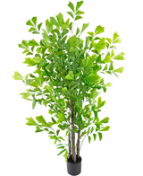 Le palmier queue de poisson artificiel 180 cm est un grand arbre artificiel avec de multiples troncs bruns minces et des feuilles denses et vert vif, dans un petit pot noir sur fond blanc.