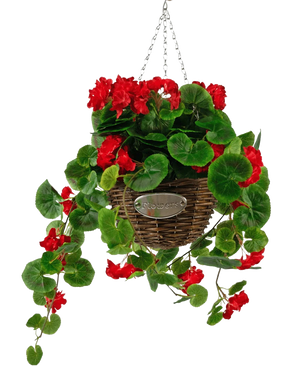 Le bégonia artificiel rouge dans un panier UV de 70 cm présente des bégonias artificiels rouges vifs et des feuilles vertes luxuriantes dans un panier tressé avec des tiges sinueuses, suspendu à une chaîne en métal et terminé par une petite plaque ovale indiquant « Fleurs ».