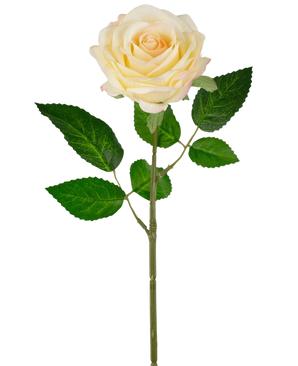La Rose Artificielle "Emine" Real Touch jaune/crème (43cm) possède une seule rose artificielle jaune clair avec de multiples feuilles vertes sur une longue tige, isolée sur un fond blanc.