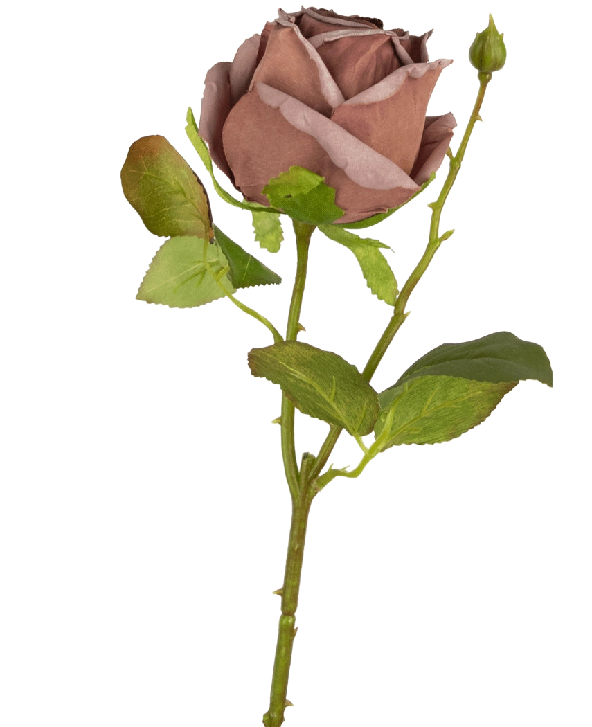 Une fleur artificielle luxueuse : la rose artificielle Deluxe de 45 cm violette séchée avec des feuilles vertes et un petit bouton non ouvert sur une longue tige, représentée sur un fond blanc.