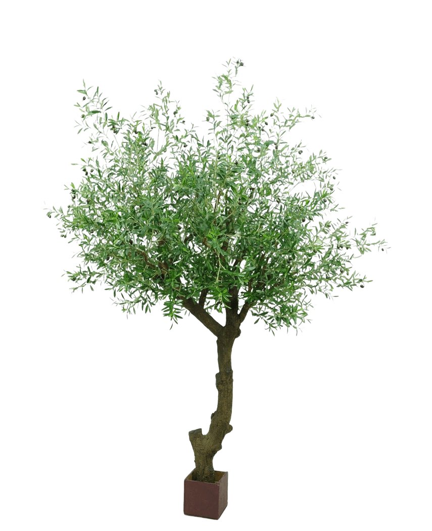 L'olivier artificiel avec olives 270 cm a un tronc torsadé et des feuilles vertes denses, et se dresse dans un petit pot carré marron sur un fond blanc.