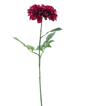 La Fleur Artificielle Dahlia Real Touch Violet 72 cm possède un seul dahlia violet aux pétales superposés et une longue tige verte avec plusieurs feuilles, sur un fond blanc uni.