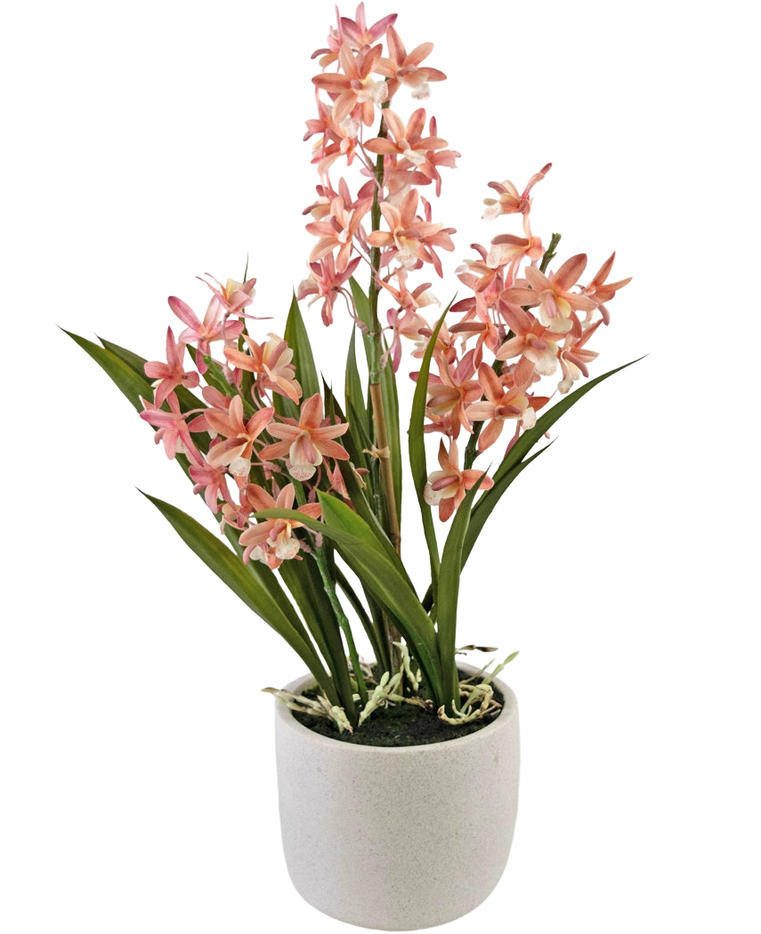 La plante artificielle Cymbidium rose de 58 cm a de hautes feuilles vertes et des grappes de fleurs d'orchidées roses et blanches, disposées dans un simple pot en céramique blanche, parfait pour égayer n'importe quel espace.