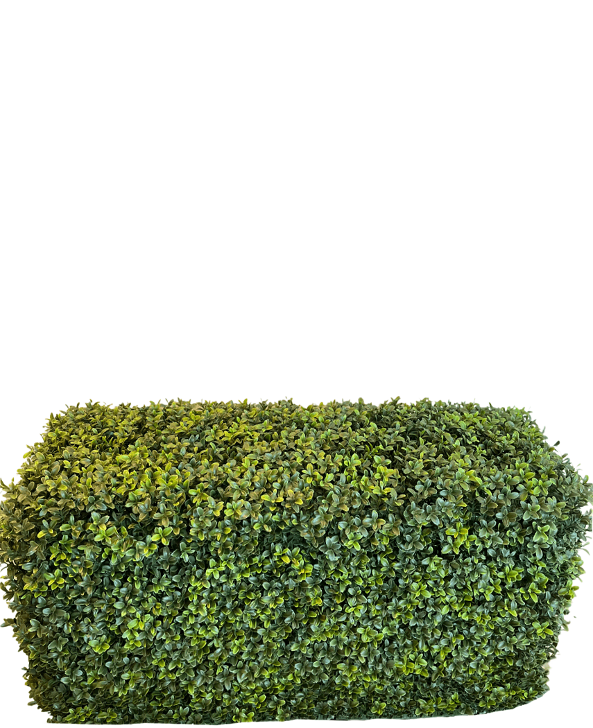 La Haie Artificielle Buis Style Romain (90 x 35 x 50 cm) est une haie verte dense et rectangulaire avec de petites feuilles, isolée sur fond blanc.