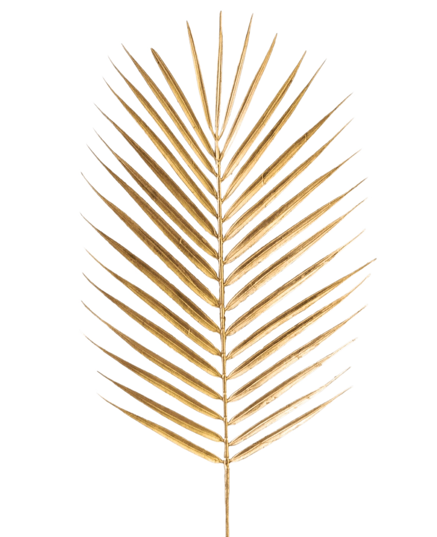 La Fougère Branche Artificielle 64 cm dorée possède une seule feuille de palmier dorée avec des feuilles longues et fines sur un fond blanc uni.
