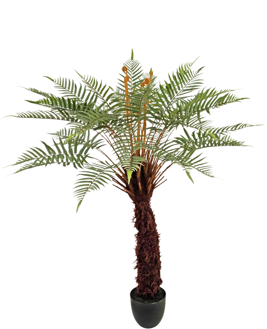 La Plante Artificielle Dicksonia 127 cm est une grande fougère en pot avec un tronc marron structuré et de longues feuilles vertes courbées sur fond blanc.