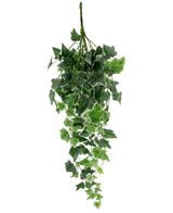 Le Lierre Artificiel 70 cm vert/blanc a des feuilles de lierre artificielles vertes avec des bords blancs, disposées en forme de cascade et disposées sur un fond blanc uni.