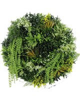 La haie artificielle sur cadre noir Ø100 cm présente un arrangement circulaire de diverses plantes vertes et feuillages, notamment des fougères, des vignes torsadées et des feuilles à pointe jaune, avec différentes formes et textures de feuilles sur un fond blanc.