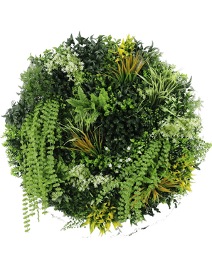 La haie artificielle sur cadre noir Ø100 cm présente un arrangement circulaire de diverses plantes vertes et feuillages, notamment des fougères, des vignes torsadées et des feuilles à pointe jaune, avec différentes formes et textures de feuilles sur un fond blanc.
