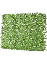 La Haie Artificielle Lierre Extensible 200x100 cm est un panneau rectangulaire de feuilles vertes artificielles sur une grille, conçu pour ressembler à une haie feuillue ou à un écran d'intimité, représenté sur un fond blanc.