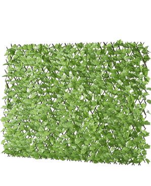 La Haie Artificielle Lierre Extensible 200x100 cm est un panneau rectangulaire de feuilles vertes artificielles sur une grille, conçu pour ressembler à une haie feuillue ou à un écran d'intimité, représenté sur un fond blanc.