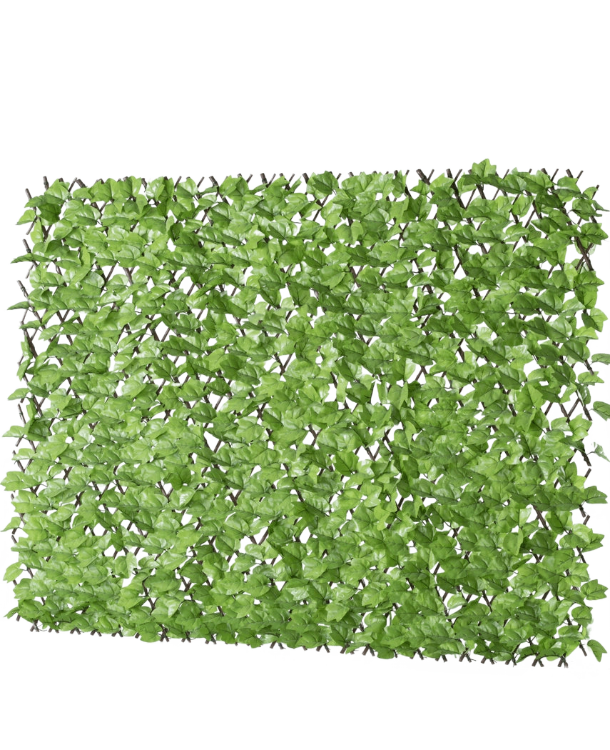 La Haie Artificielle Lierre Extensible 200x100 cm est un panneau rectangulaire de feuilles vertes artificielles sur une grille, conçu pour ressembler à une haie feuillue ou à un écran d'intimité, représenté sur un fond blanc.