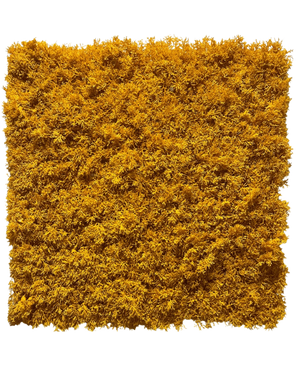 La haie artificielle mousse jaune ignifuge 50x50 cm est un panneau de mousse jaune vif, densément compacté, aux bords inégaux, représenté sur un fond blanc uni.