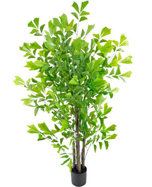 Le palmier queue de poisson artificiel 180 cm est un grand arbre artificiel avec de multiples troncs bruns minces et des feuilles denses et vert vif, dans un petit pot noir sur fond blanc.