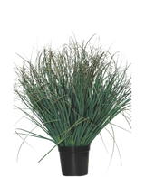 Le gazon artificiel Lawn Green 50 cm ignifuge est une plante verte en pot avec des feuilles longues et fines et quelques pointes brunes sèches, qui donne un aspect naturel à n'importe quelle pièce sur un fond blanc uni.