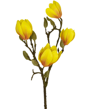 La fleur artificielle Magnolia 50 cm jaune/orange, avec plusieurs fleurs jaune vif et orange avec des boutons verts, se distingue comme une décoration florale artificielle frappante sur un fond blanc uni.