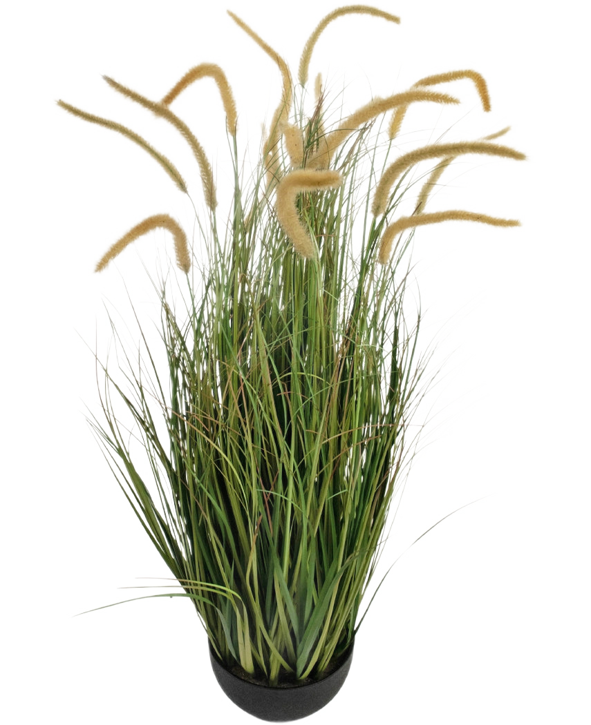 La branche de gazon artificiel Dogtail oignon 110 cm ignifuge est une plante de gazon artificiel en pot avec de longues feuilles vertes étroites et de hautes têtes de graines beiges moelleuses, représentées sur un fond blanc uni.