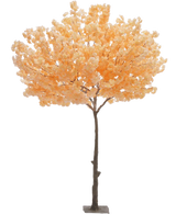 Arbre artificiel Cherry Blossom Peach de 270 cm avec un tronc marron et de nombreuses fleurs douces de couleur pêche, debout sur une base rectangulaire sur un fond blanc.