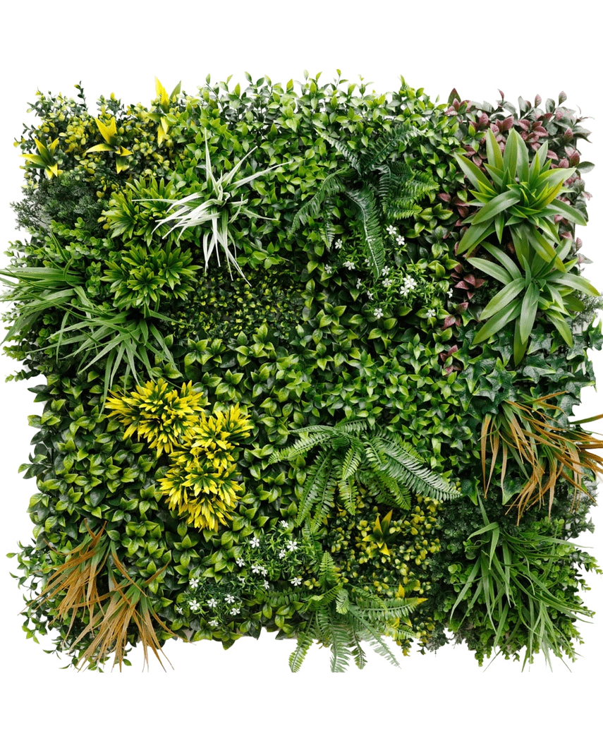 La haie artificielle Eternity 100x100 cm UV présente un panneau carré de diverses plantes vertes, dont des fougères, du lierre et un feuillage luxuriant, créant un jardin vertical intérieur ou extérieur dense sur un fond blanc.