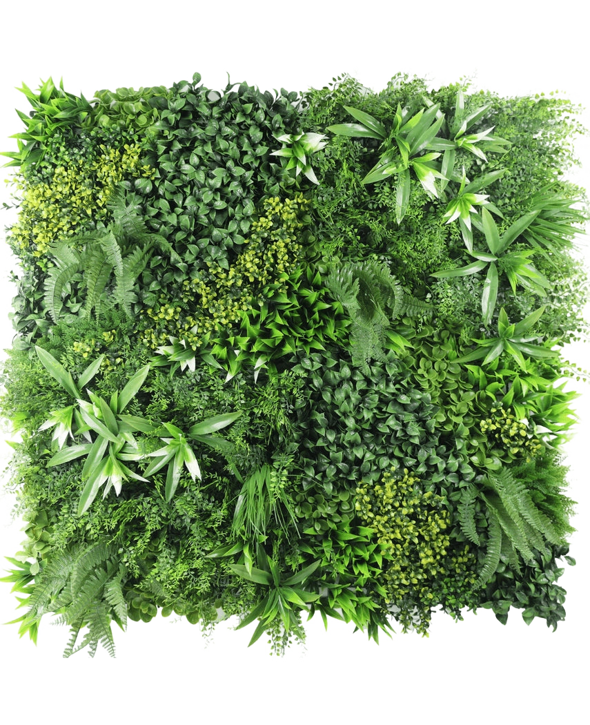 La Haie Artificielle Fraîcheur 100x100 cm UV est un panneau carré densément recouvert de diverses feuilles vertes, avec différentes formes et textures de feuilles pour créer un jardin vertical luxuriant et vibrant sur un fond blanc.