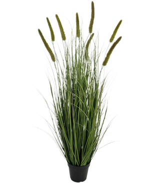 Le gazon artificiel Cattail Onion Grass Pot 120 cm ignifuge est une herbe ornementale dans un pot avec de longues et fines lames vertes et plusieurs têtes de graines hautes et verticales, sur un fond blanc uni.