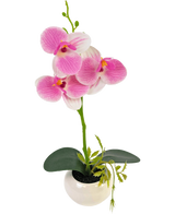 L'orchidée artificielle 28 cm blanc/rose en pot présente une tige d'orchidée verte avec des fleurs roses et blanches éclatantes et des feuilles vertes, le tout disposé dans un pot en céramique blanche.