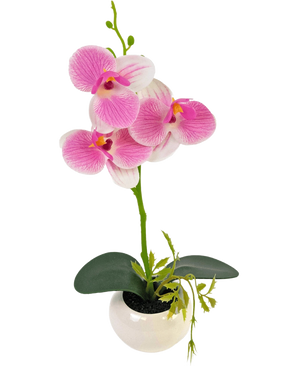 L'orchidée artificielle 28 cm blanc/rose en pot présente une tige d'orchidée verte avec des fleurs roses et blanches éclatantes et des feuilles vertes, le tout disposé dans un pot en céramique blanche.
