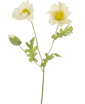 La Fleur Artificielle Coquelicot 73 cm blanc est une tige de fleur artificielle avec deux fleurs de coquelicot blanches ouvertes, un bourgeon fermé, des pétales structurés et des feuilles vertes sur un fond blanc uni.