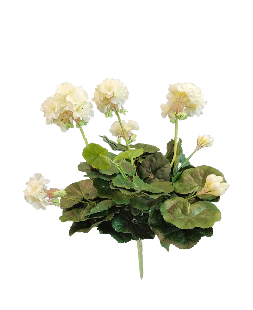 Le géranium artificiel blanc de 40 cm a des fleurs blanches réalistes et des feuilles vertes luxuriantes - parfait pour ajouter une élégance intemporelle à votre collection de plantes artificielles ou de fleurs artificielles.
