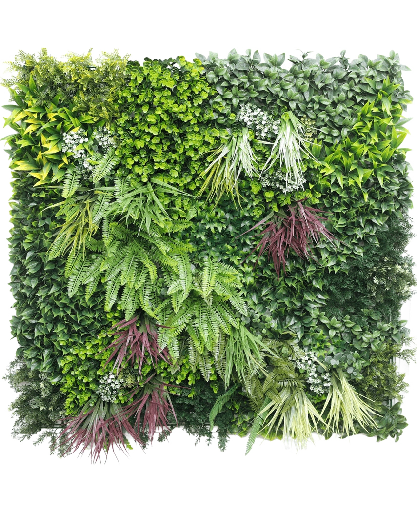 La Haie Artificielle Paradise 100x100 cm UV est un mur de jardin vertical au feuillage dense vert et violet, comprenant des fougères et des plantes feuillues, disposé en carré sur un fond blanc.