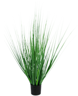 Le gazon artificiel oignon 100 cm ignifuge a un pot noir avec des feuilles denses, dressées et fines ressemblant à de l'herbe verte, parfait pour ajouter une touche moderne à n'importe quel espace.