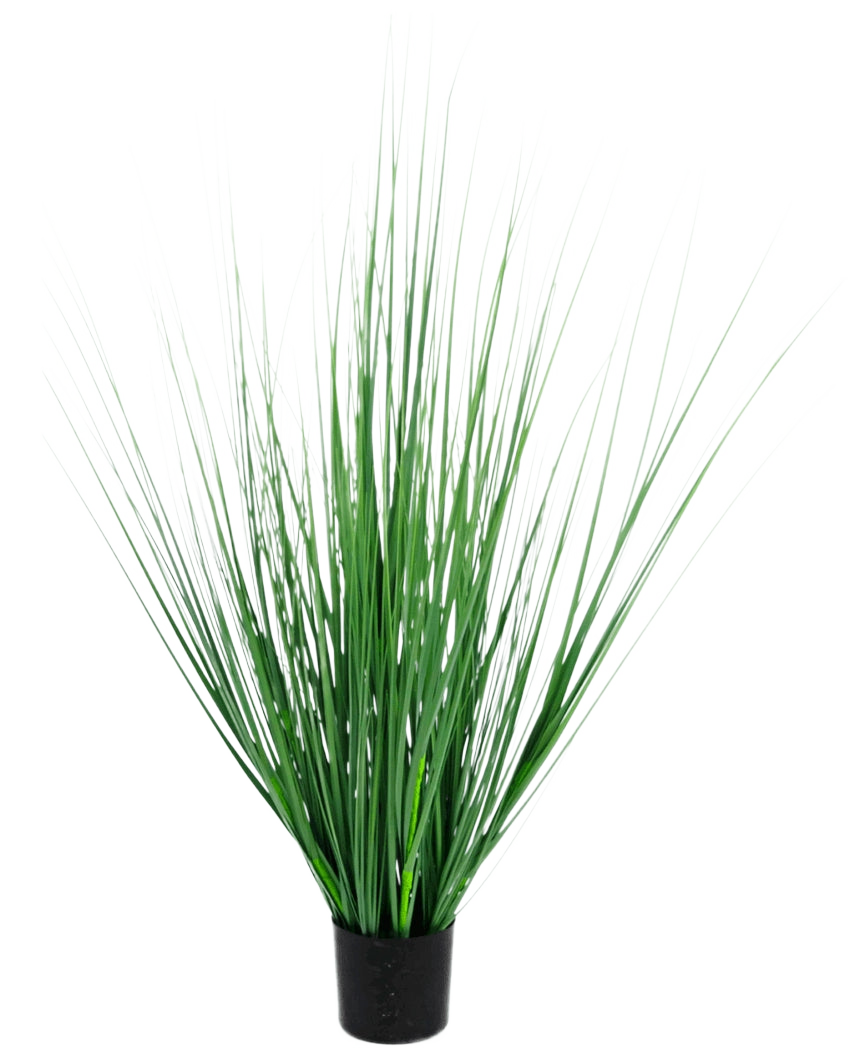 Le gazon artificiel oignon 100 cm ignifuge a un pot noir avec des feuilles denses, dressées et fines ressemblant à de l'herbe verte, parfait pour ajouter une touche moderne à n'importe quel espace.