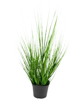 Le gazon artificiel oignon 48 cm ignifuge est un petit pot en plastique noir avec de longues feuilles fines et vibrantes ressemblant à de l'herbe verte sur un fond blanc uni.
