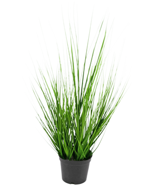 Le gazon artificiel oignon 48 cm ignifuge est un petit pot en plastique noir avec de longues feuilles fines et vibrantes ressemblant à de l'herbe verte sur un fond blanc uni.