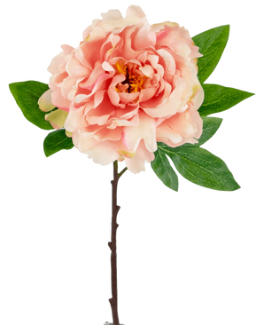 La Fleur Artificielle Pivoine 61 cm rose tendre est une pivoine artificielle rose aux pétales superposés et au cœur jaune sur une tige aux feuilles vertes, sur fond blanc.