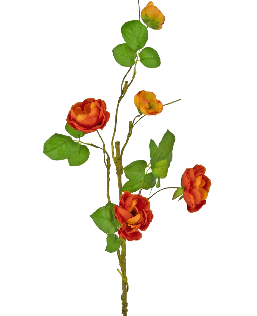 Une seule rose artificielle se branche de 90 cm avec plusieurs roses artificielles rouges avec des feuilles vertes sur un fond blanc uni.
