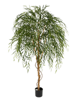 Le Saule Artificiel 210 cm est un grand arbre artificiel avec des feuilles vertes fines et pendantes et un tronc marron torsadé sur un fond blanc uni.