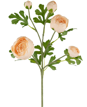 La branche de renoncule artificielle x5 Real Touch rose 62 cm possède une tige avec trois renoncules entièrement fleuries couleur pêche et deux bourgeons, accentués par des feuilles vertes profondément lobées, le tout sur un fond blanc.
