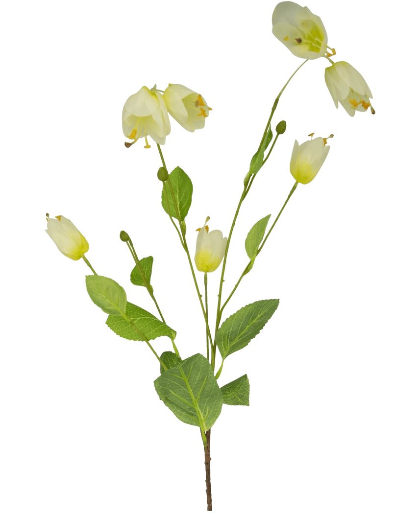 Une fleur artificielle papillon fritillaire de 94 cm avec une seule tige verte, plusieurs fleurs blanches en forme de cloche et plusieurs feuilles vertes sur un fond blanc uni.