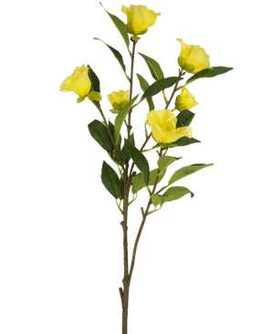 La fleur artificielle Camellia 80 cm jaune a une seule tige avec plusieurs fleurs de camélia artificielles jaune vif et des feuilles vertes, représentées sur un fond blanc uni.